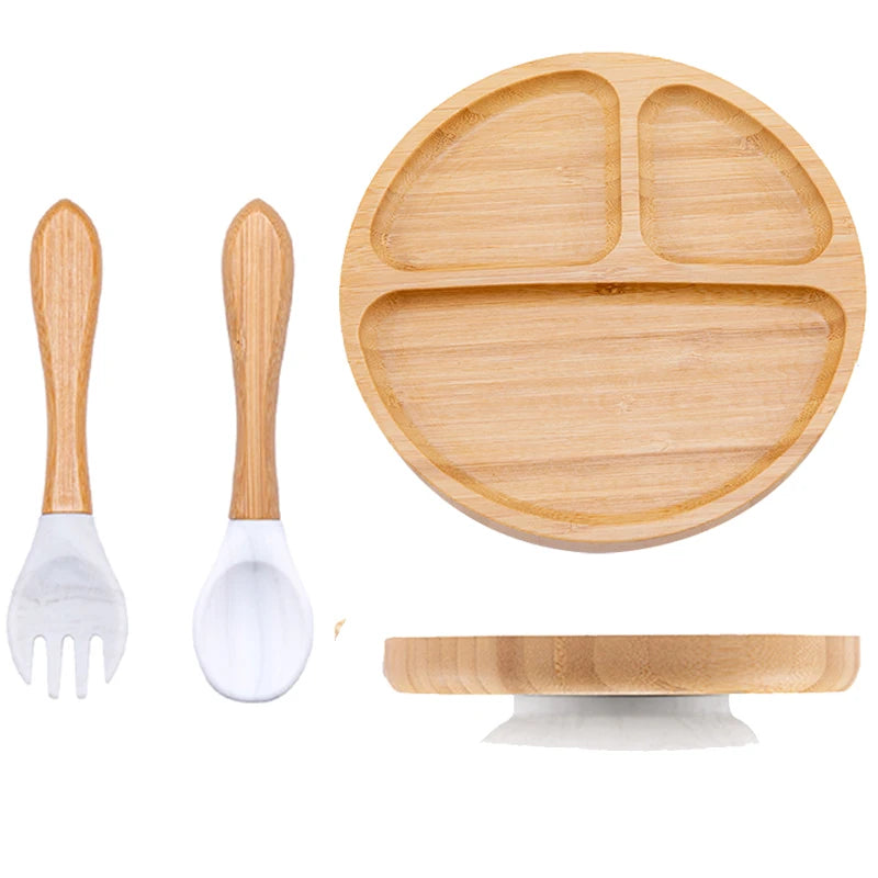 3Pcs Baby Bamboo Plate Silicone Suction Kids Wooden Feeding Tableware Non-slip Dinnerware Baby Tableware for Baby Birthday Gift