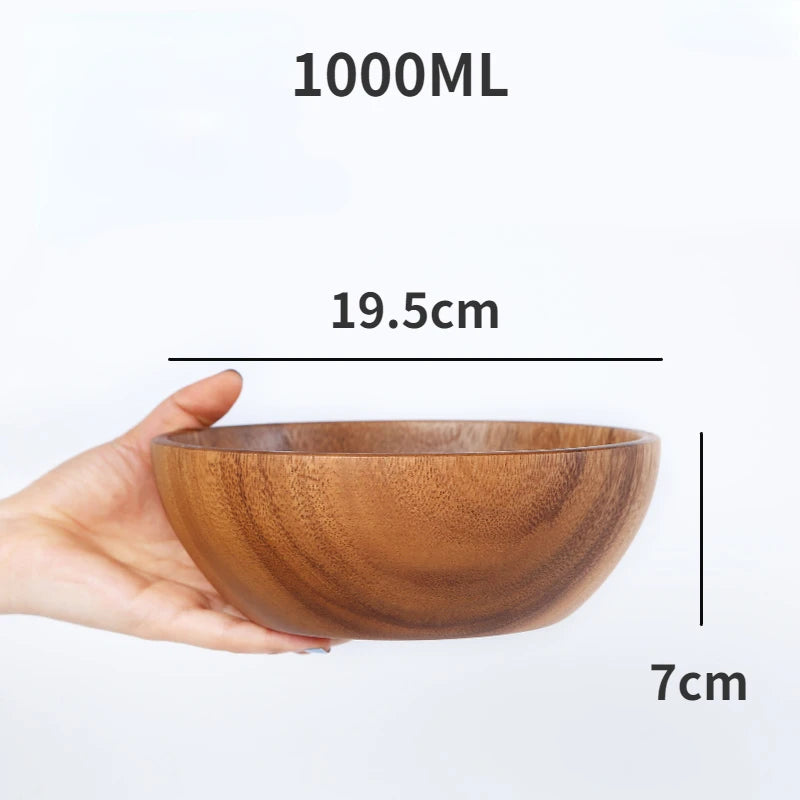 Simple Acacia Wood Bowl Household Salad Mixing Wooden Basin Kneading Solid Wood Bowl Thickened Soaking Bowl Wooden Tableware