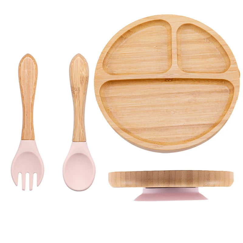 3Pcs Baby Bamboo Plate Silicone Suction Kids Wooden Feeding Tableware Non-slip Dinnerware Baby Tableware for Baby Birthday Gift