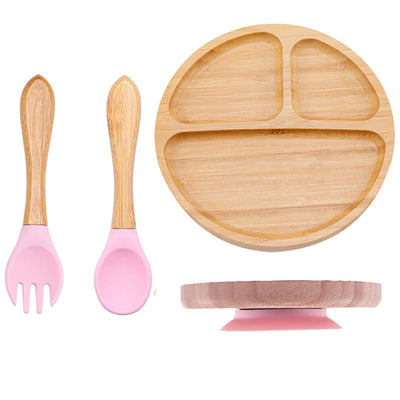 3Pcs Baby Bamboo Plate Silicone Suction Kids Wooden Feeding Tableware Non-slip Dinnerware Baby Tableware for Baby Birthday Gift