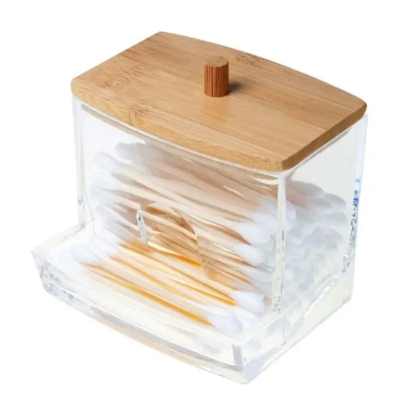 Acrylic Storage Box Bathroom Jar Makeup Organizer Cotton Round Pad Holder Cotton Swab Box Qtip Holder Dispenser With Bamboo Lid