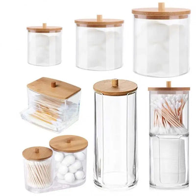 Acrylic Storage Box Bathroom Jar Makeup Organizer Cotton Round Pad Holder Cotton Swab Box Qtip Holder Dispenser With Bamboo Lid