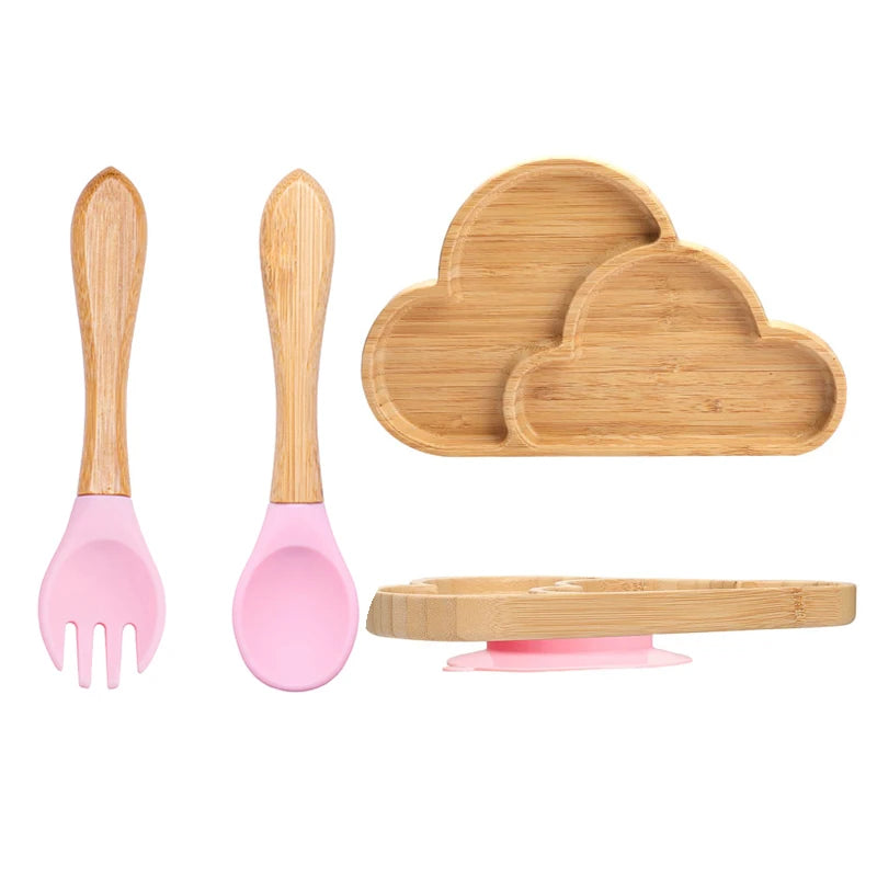 3Pcs Baby Bamboo Plate Silicone Suction Kids Wooden Feeding Tableware Non-slip Dinnerware Baby Tableware for Baby Birthday Gift