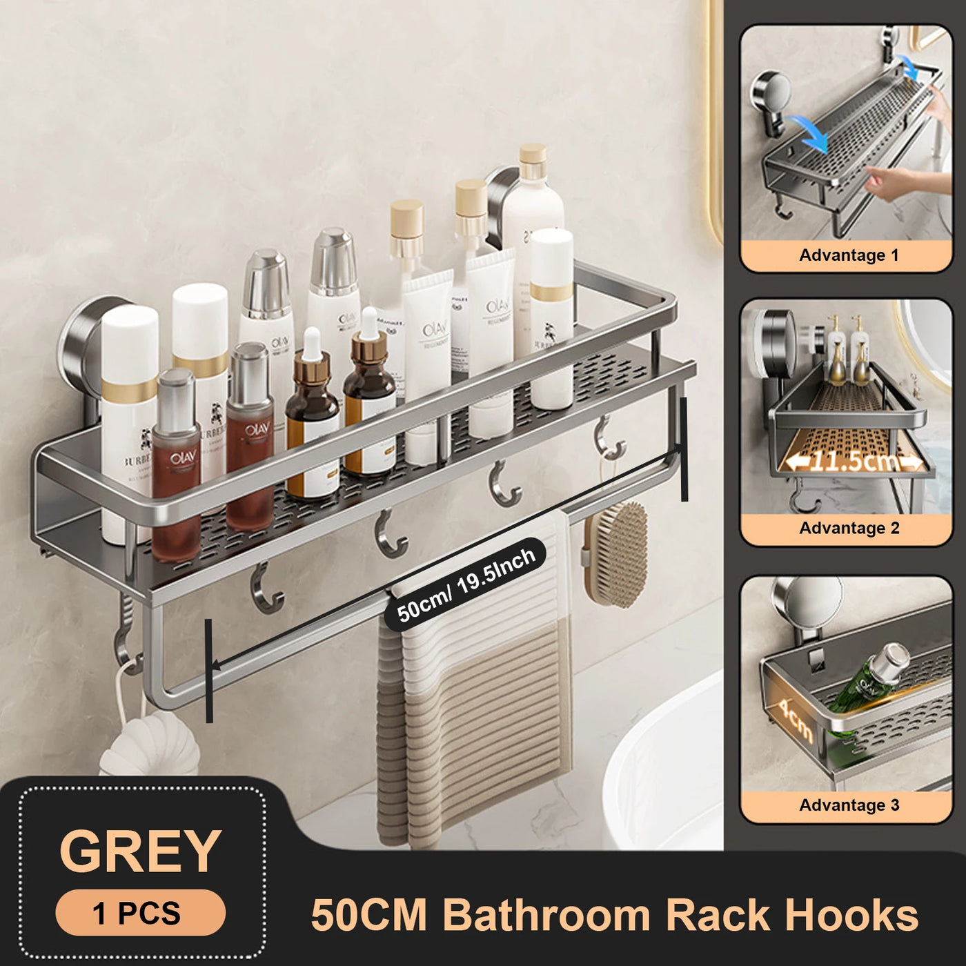 Suction Cup Bathroom Rack Bathroom Shelf Toilet Space Aluminum No Drill Hanging Rack Bathroom Organizer Hang On the Wall