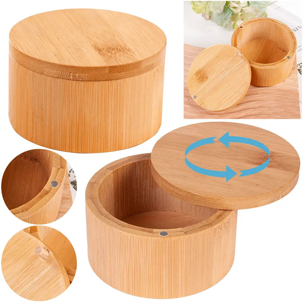 Bamboo Salt Cellar with Magnetic Swivel Lid Bamboo Storage Box Salt Box Round Salt Container for Storing Salt Pepper Sugar Herbs