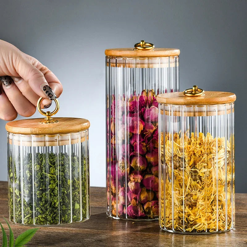 Glass Food Jar with Sealed Bamboo Lid Kitchen Pantry Grains Cookie Coffee Tea Candy Snack Storage Bottle Jars Kitchen Canister