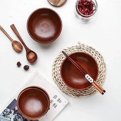 Japanese Style Wooden Bowl Jujube Wooden Bowl Round Large Soup Bowl Creative Children's Rice Bowl Tableware