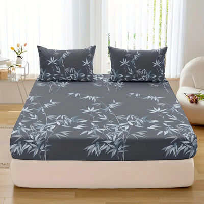 3pcs Bamboo Leaf Print Fitted Sheet Set - Soft, Breathable, Comfortable, Hypoallergenic Bedding for Bedroom, Guest Room - 1 Fitt