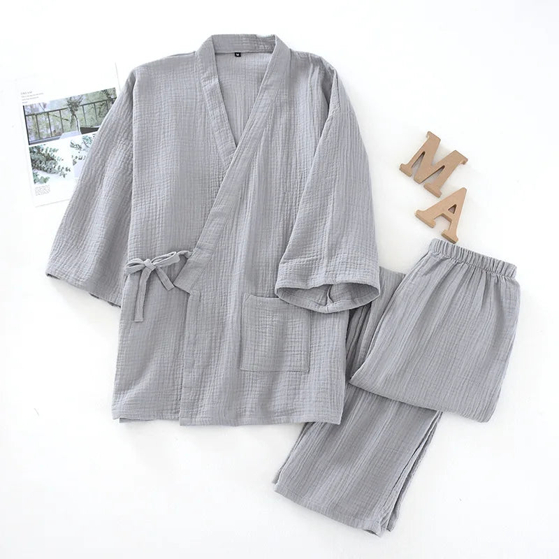 Japanese Kimono Set 100% Cotton Crepe Pajamas Two-piece Couple Loose Men's And Women's Sweat Steaming Suit Home Service Set