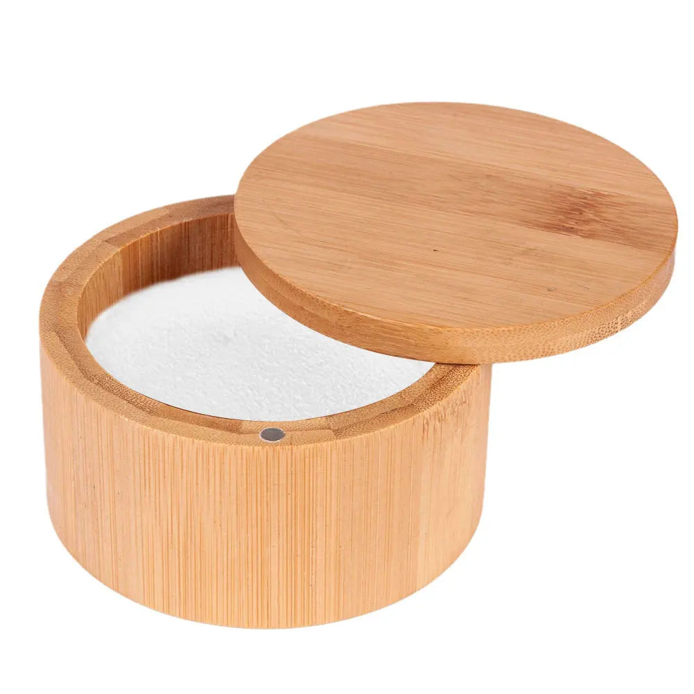 Bamboo Salt Cellar with Magnetic Swivel Lid Bamboo Storage Box Salt Box Round Salt Container for Storing Salt Pepper Sugar Herbs