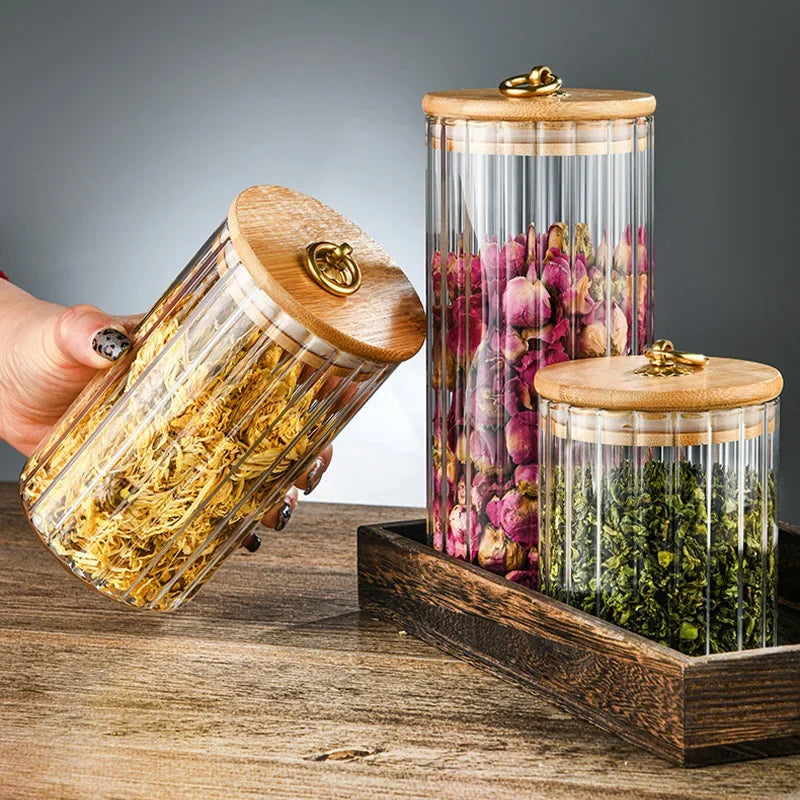 Glass Food Jar with Sealed Bamboo Lid Kitchen Pantry Grains Cookie Coffee Tea Candy Snack Storage Bottle Jars Kitchen Canister