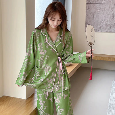 Green Pink Bamboo Chinese Printed Ice Silk Pajamas Women Spring Autumn Satin Slanted Open Front Long Sleeve Pant Set Homeclothes