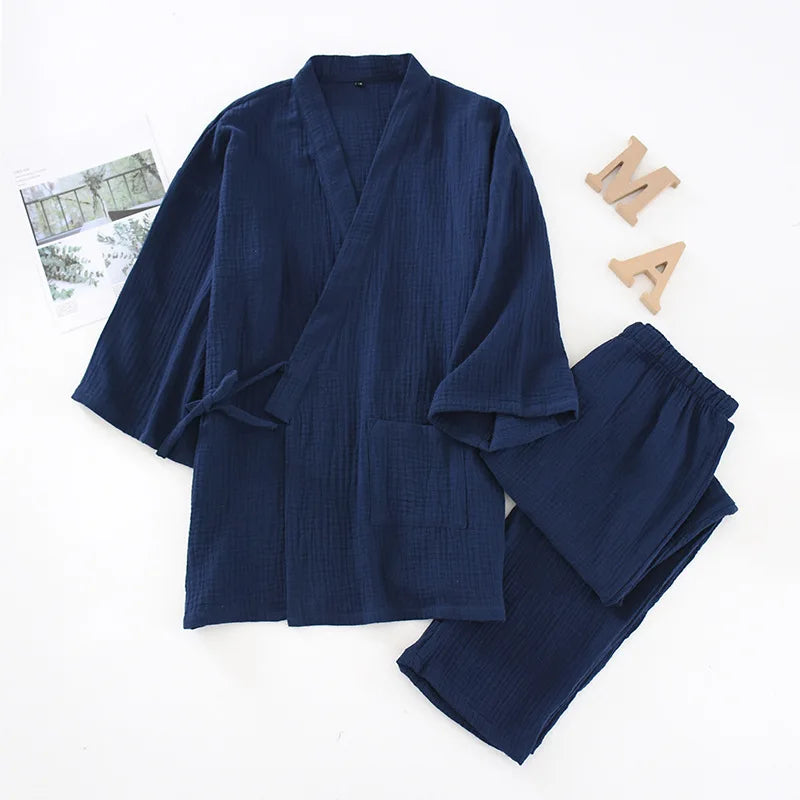 Japanese Kimono Set 100% Cotton Crepe Pajamas Two-piece Couple Loose Men's And Women's Sweat Steaming Suit Home Service Set