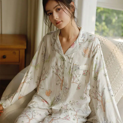 Autumn Bamboo Fiber Flower Printed White Green Colors 2 Pcs Long Sleeve Long Trouser Pajama Suit for Women's Home Clothes