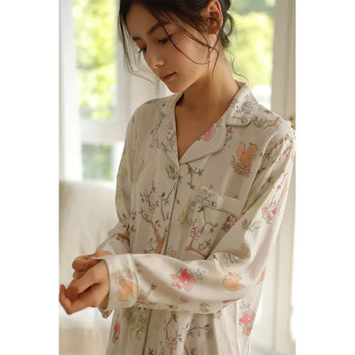 Autumn Bamboo Fiber Flower Printed White Green Colors 2 Pcs Long Sleeve Long Trouser Pajama Suit for Women's Home Clothes