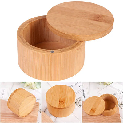 Bamboo Salt Cellar with Magnetic Swivel Lid Bamboo Storage Box Salt Box Round Salt Container for Storing Salt Pepper Sugar Herbs