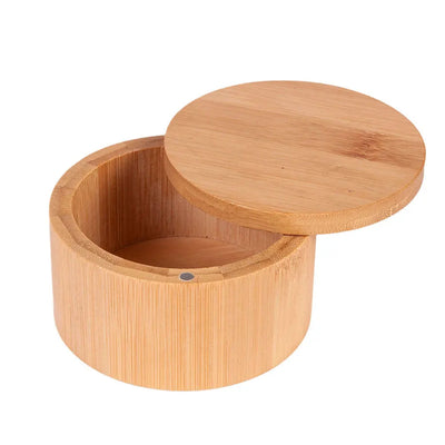 Bamboo Salt Cellar with Magnetic Swivel Lid Bamboo Storage Box Salt Box Round Salt Container for Storing Salt Pepper Sugar Herbs