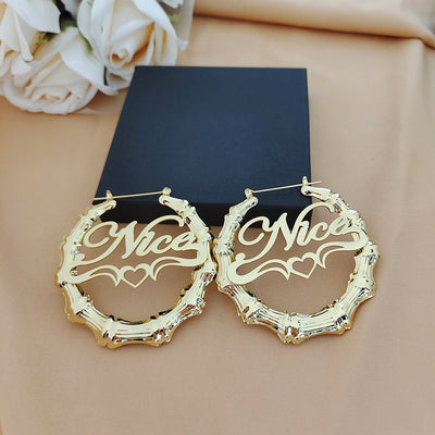 30mm-100mm Bamboo Earrings Customize Name Earrings Custom Hoop Bamboo Style Personality Earrings With Heart-shaped with gift box