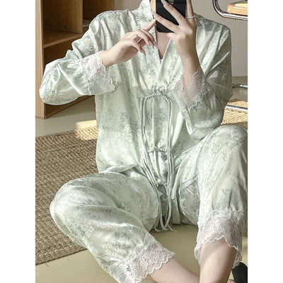 Green Pink Bamboo Chinese Printed Ice Silk Pajamas Women Spring Autumn Satin Slanted Open Front Long Sleeve Pant Set Homeclothes