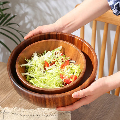 Simple Acacia Wood Bowl Household Salad Mixing Wooden Basin Kneading Solid Wood Bowl Thickened Soaking Bowl Wooden Tableware