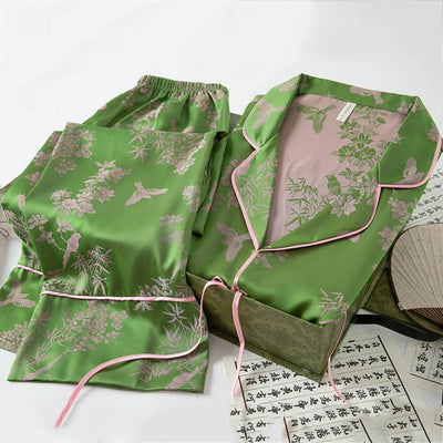 Green Pink Bamboo Chinese Printed Ice Silk Pajamas Women Spring Autumn Satin Slanted Open Front Long Sleeve Pant Set Homeclothes