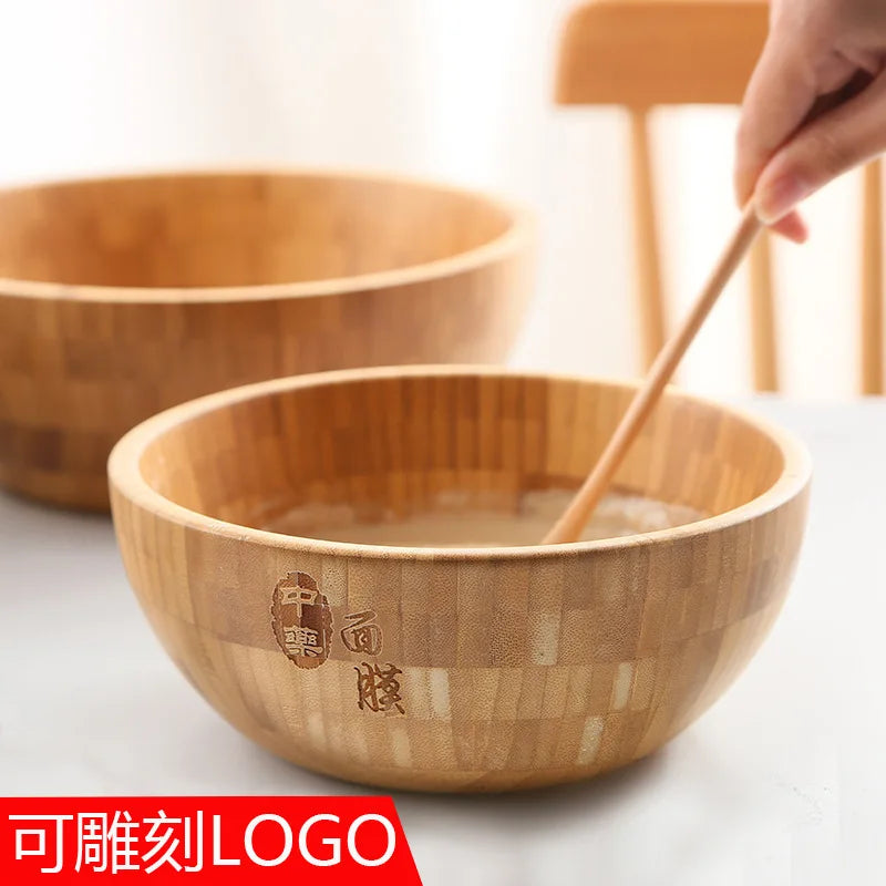 Japanese style home salad wooden bowl, mixing bamboo bowl, large size, and noodle wooden basin with engraved logo