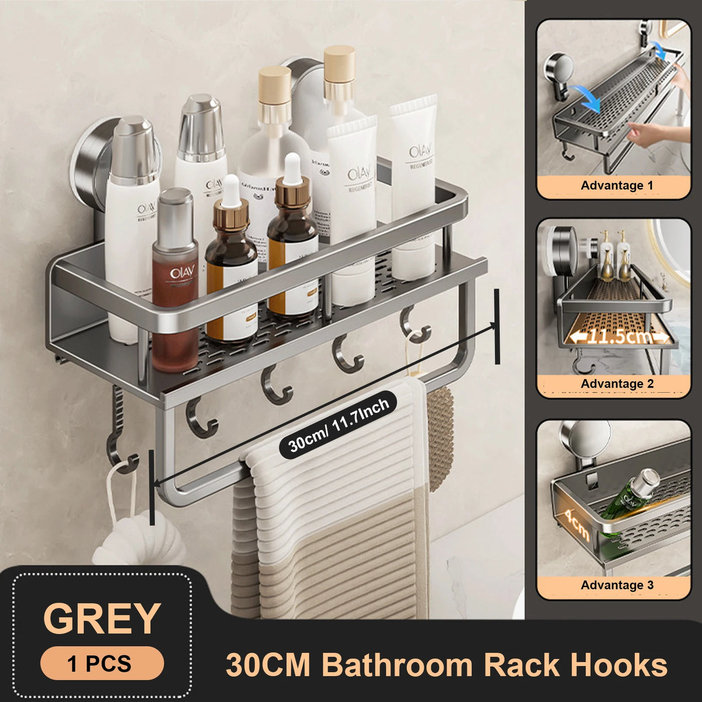 Suction Cup Bathroom Rack Bathroom Shelf Toilet Space Aluminum No Drill Hanging Rack Bathroom Organizer Hang On the Wall